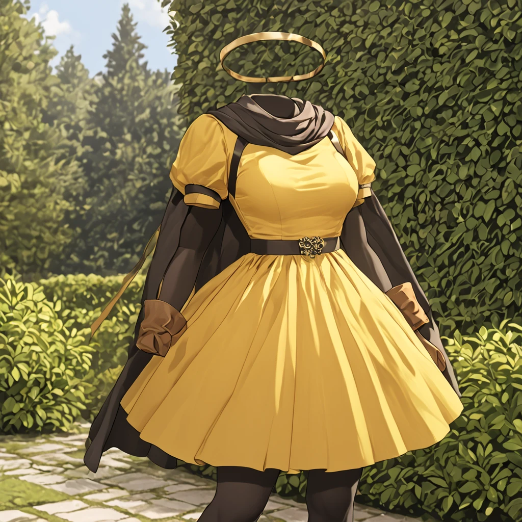 grass field, Alena, cape, yellow dress, short sleeves, belt, gloves, from below,skirt, black pantyhose, fat, cute big breasts, (invisible, no human, headless, handless:1.5), (8k, RAW photo, best quality, masterpiece:1.2), (realistic, photo-realistic:1.37), photon mapping, radiosity, ((Hasselblad photography)), physically-based rendering