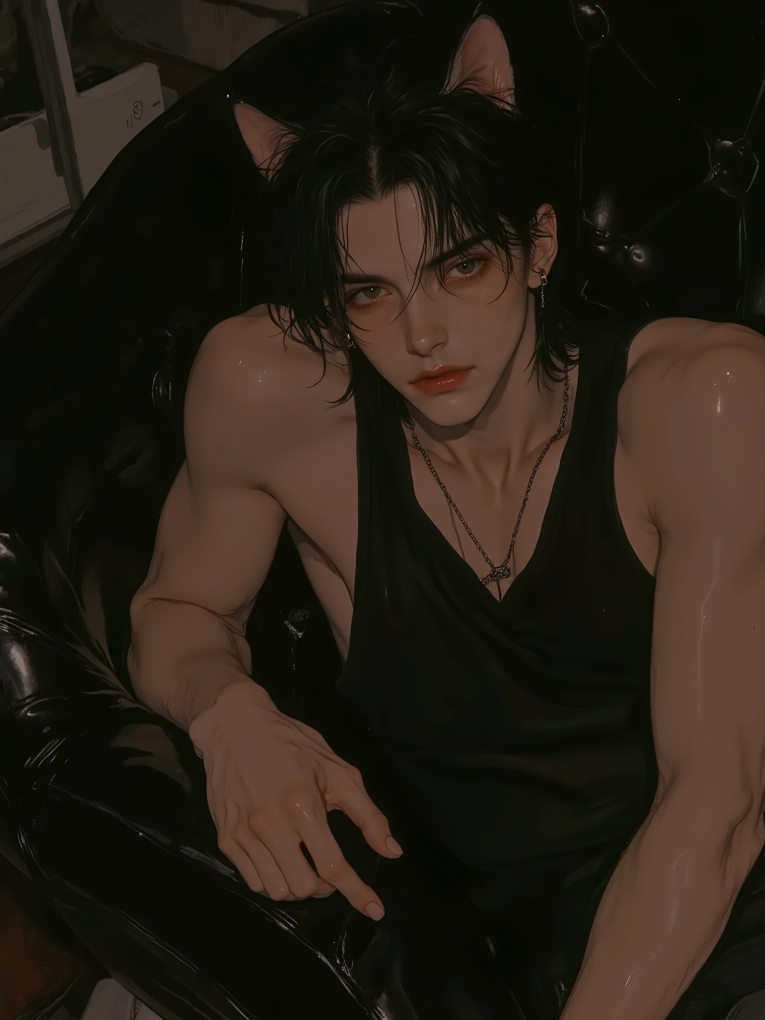A dark skin man,handsome,modern. Wearing black tank top Appearance:Face: Sharp and angular yet not overly rugged. High cheekbones, slightly pointed chin, with overall harmonious features that still exude a keen edge,the pair of black cat ears on the top of his head, he has shoulder length messy black hair, amber eyes, muscular body, he was leaning in a black couch, background in dark tones, gloomy atmosphere.