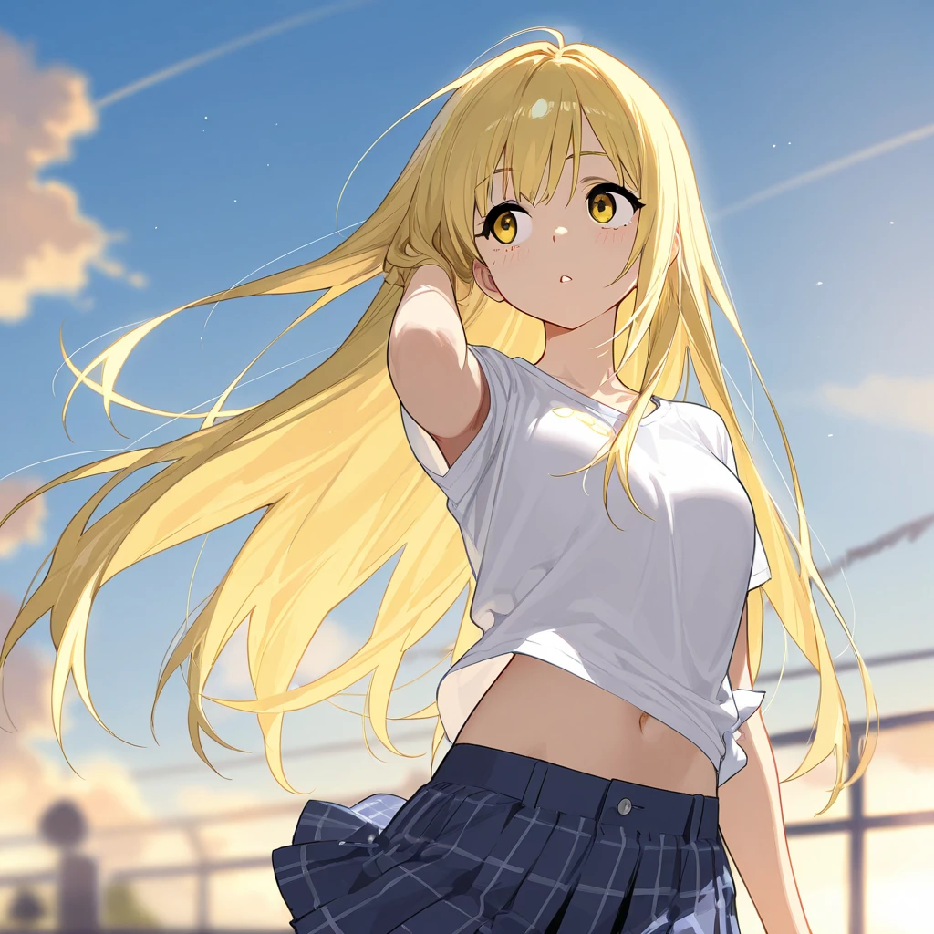 Very cute girl、(16 years old)、light yellow hair、Long Straight Hair、Bangs are too close to the eye、Light Blue Eye、(Normal human ear)、Thin arms、Beautiful body、Slim legs、large, well-shaped breasts,、clear white skin、smile、(Open-chested T-shirt、mini skirt、White and blue)、I know the shape of the nipples、(rose garden)、Ultra HD、Digital SLR、