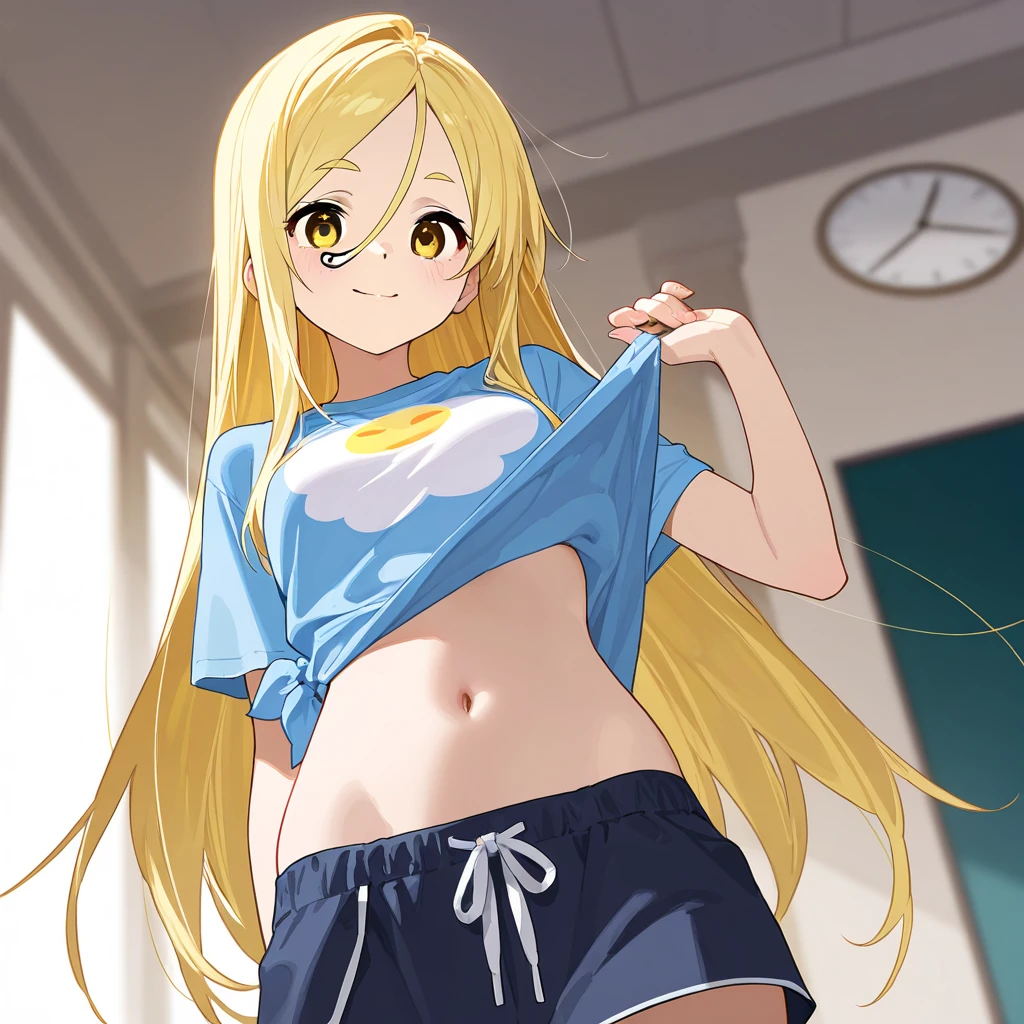 extremely hot and extremely cute light yellow hair girl, she has blue eyes, long light dark yellow hair, big breasts, her stomach is showing and wearing demin shorts with a white t shirt in anime style and anime holo waifu anime babe