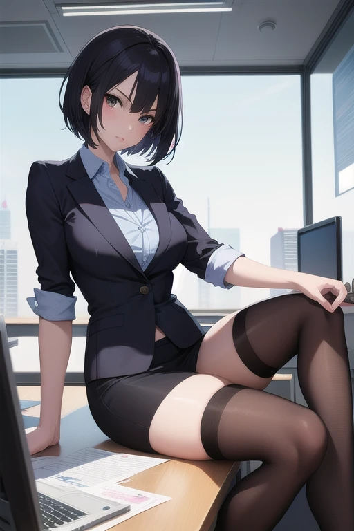 absurd, 8K ,High resolution, Super detailed, beautiful, masterpiece, highest quality, (beautiful and delicate silver eyes), (1 girl) ,OLとして働くセクシーなbeautiful若い女性 (office lady),white button-down blouse，With collar,black slit skirt,(black pantyhose),long legs ,fine legs,high heels,side ponytail , bangs,full body esbian,big breasts,cleavage,purple hair，