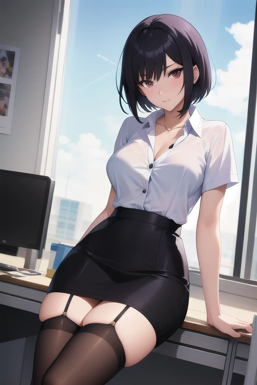 anime style 4 k, anime style. 8k, anime visual of a cute girl, young anime girl, digital anime illustration, anime style illustration, anime style, blouse, tight skirt, office skirt, tights, pantyhose, short skirt, an anime girl, portrait of an anime girl, office, office suit, office lady, thin waist, thick legs, thick thighs, pale skin, black short hair,  leg spread, legs