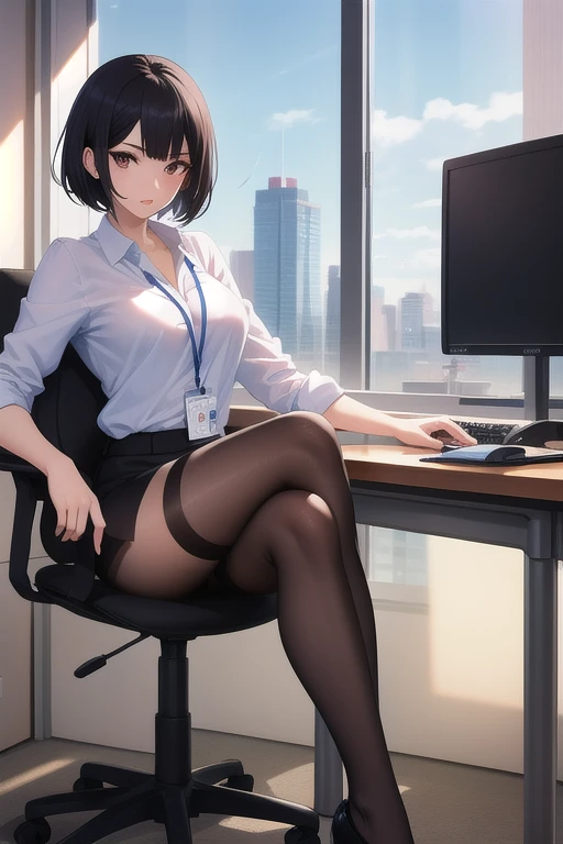 1lady sitting (crossed legs), office worker (stylish outfit), (gray vest) (pencil skirt), mature female, /(dark brown hair/) bangs, blush kind smile, (masterpiece best quality:1.2) delicate illustration ultra-detailed, large breasts, pantyhose BREAK (modern office indoors), window cityscape, detailed background