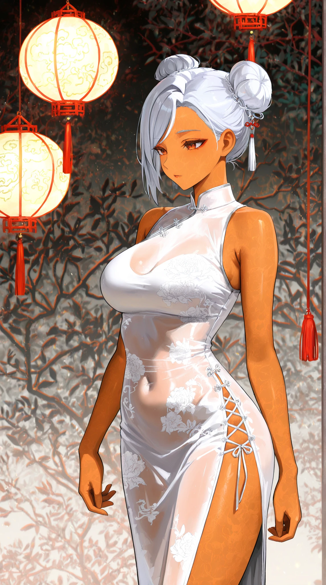 ((Highest Quality)) , (ultra high resolution) , (Super Details) , (Detailed Explanation) , (( best CG )) , (best works of art on the Moon) , Ultra Precision Art , amazing drawing art , (ART WITH PRECISE DETAILS:1 . 5) womanhood, Brown skin, silver hair bun hair, China Dress, white see-through inner, Slit, lace up, Hanging Lanterns,