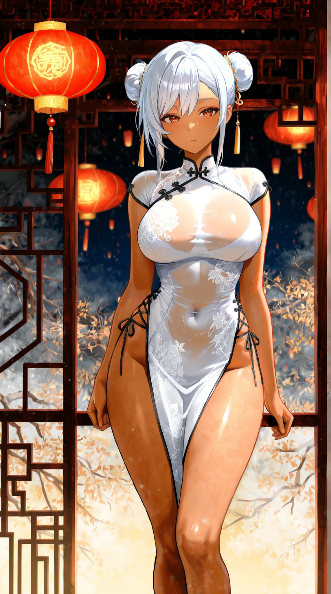((Highest Quality)) , (ultra high resolution) , (Super Details) , (Detailed Explanation) , (( best CG )) , (best works of art on the Moon) , Ultra Precision Art , amazing drawing art , (ART WITH PRECISE DETAILS:1 . 5) womanhood, Brown skin, silver hair bun hair, China Dress, white see-through inner, Slit, lace up, Hanging Lanterns,