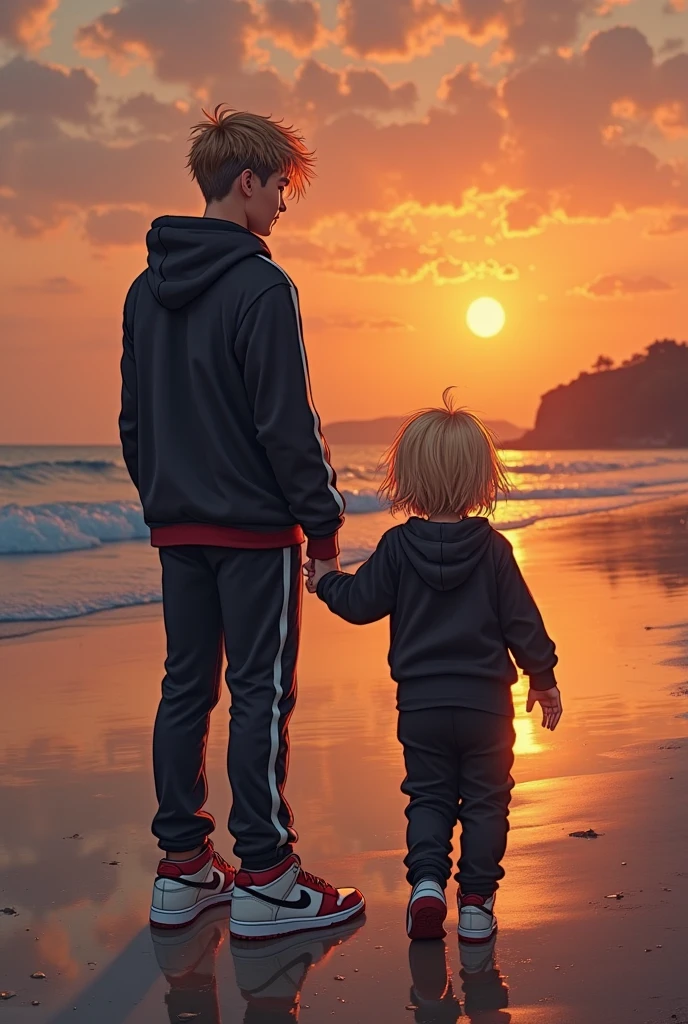 SENSE OF CINEMA，Beautiful evening seaside，Two little babies rushed out to sea from the beach，Silvery-white waves lapping against the beach，setting sun