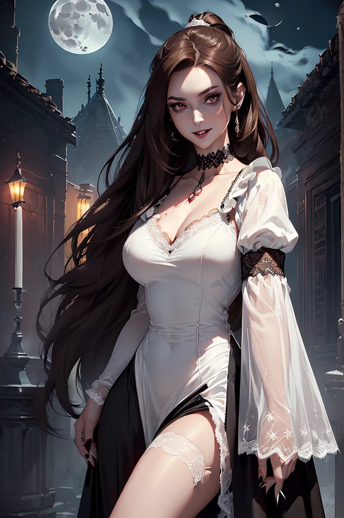 (best quality,4k,8k,high resolution,masterpiece:1.2),Super detailed,(actual,photoactual,photo-actual:1.37),gothic style,The atmosphere is gloomy,dark shadow,weird,unforgettable beauty,vampire girl,delicate eyes,Pale complexion,raven black hair,flowing long skirt,night view,foggy cemetery,flickering candlelight,Gorgeous gothic architecture,stained glass windows,Mysterious moonlight,hint of blood red,Gloomy and mysterious,Palette: deep black and rich purple,dramatic lighting,Ethereal and supernatural beings