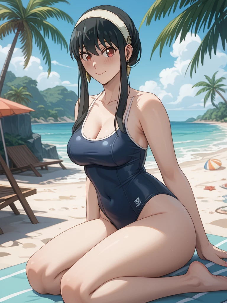 (((masterpiece、Highest image quality、highest quality、highly detailed unity 8kwallpaper)))、((Illustration of one girl))、(((beautiful girl)))、((black hair:1.3、straight hair、Very Longhair、golden hair ornament、red eyes))、(tall:1.3、stocky build:1.9, thickset physique, muscular legs, broad shoulders, solid chest)、swimsuit、sandy beach