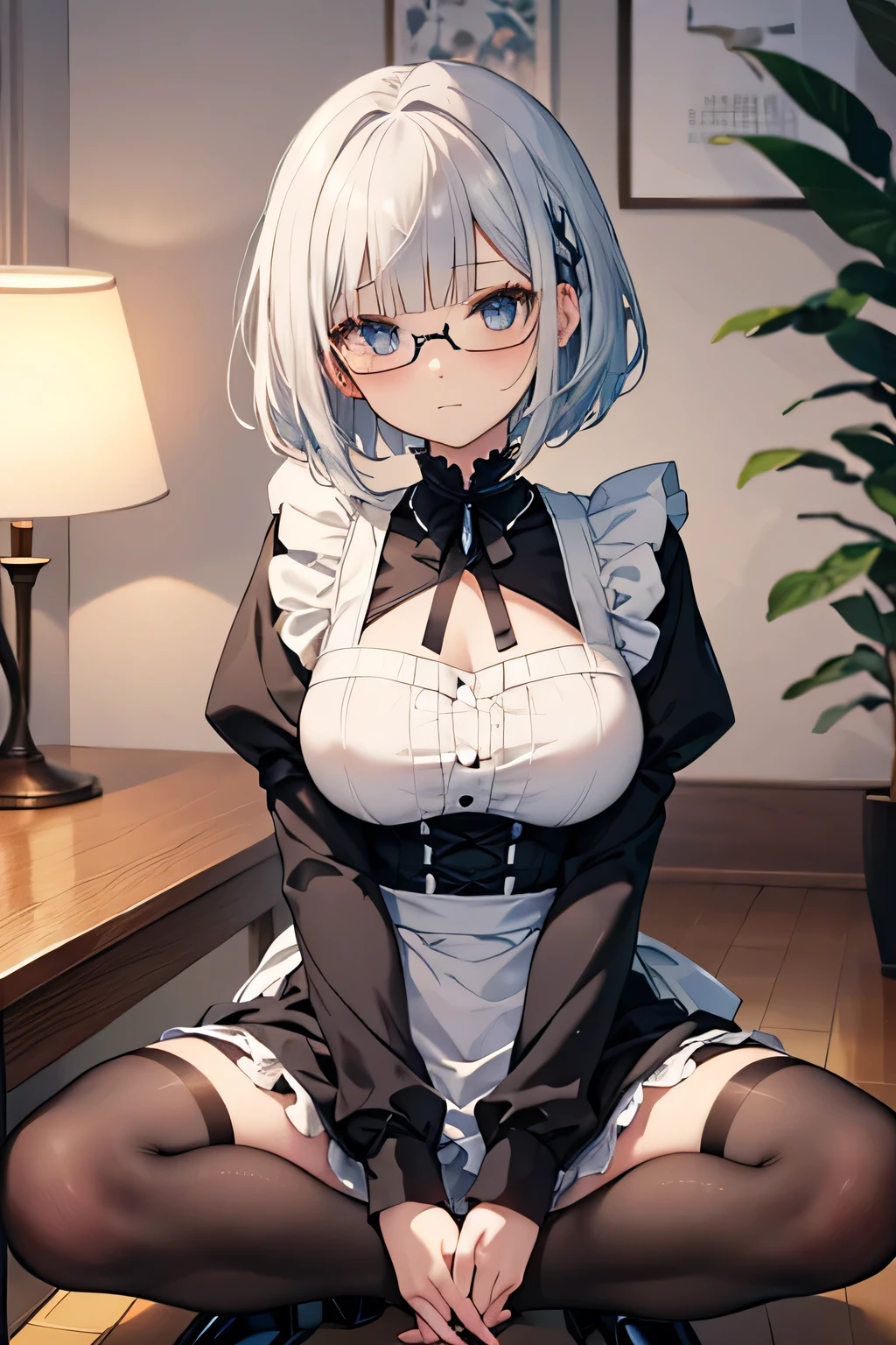 masterpiece, best quality, ultra-detailed, illustration, colorful, flat color, depth of field, 1girl, riven, anime, staying on her knees on the floor, silver hair, short hair, folded ponytail, brown eyes, looking at viewer, at restroom, white shirt, black tie, black pencil skirt, pantyhose, black pantyhose, detailed skin texture, detailed cloth texture, beautiful detailed face, blush, shy, huge breasts, view from front, fit, hourglass figure, high heels