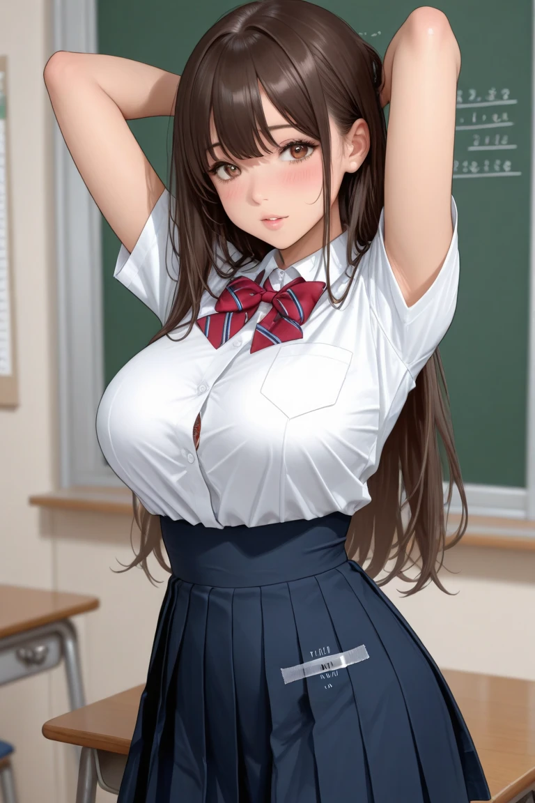 (table top, highest quality, High resolution, , perfect pixel, 4k,), 1 girl, single, alone, Beautiful woman、I could see the whole body、 ((Wavy mid-hair, bangs, brown hair)), ((brown eyes, beautiful eyelashes, realistic eyes)), ((detailed face, blush:1.2)), ((smooth texture:0.75, realistic texture:0.65, realistic:1.1, Anime CG style)), medium breasts, dynamic angle, perfect body, ((, female teacher, , earrings、necklace、turtleneck sweater、Dark blue flared skirt、black knee high stockings、open both legs wide、、shy smile、Sitting at the pulpit、leaning forward)), Upper grade、university classroom、、evening、、(pink lace panties are visible、、(Bring your chest and arms together、Lift up your skirt and show your panties、look back、cover your butt with both hands)、angle from below)、