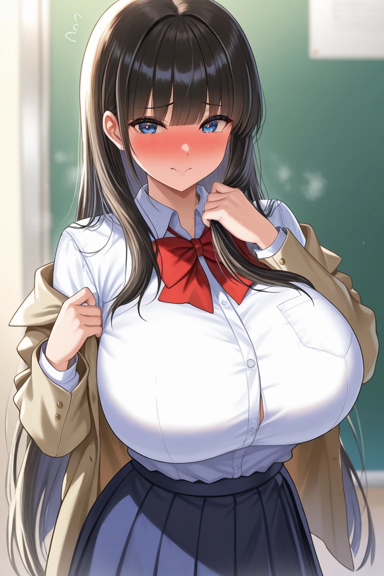 ddlcmonika, ddlcmonika, blunt bangs, brown hair, Green eyes, (massive breast:1.5, giant breast:1.5), hairlong, (pony tail:1.1, band:1.1, white ribbon:1.1, hair ribbon:1.1), BREAK Black Thighs, Blue skirt, brown jacket, jacket, long sleeves, mary janes, Above Knees, pleated skirt, school uniform, Shoes, upskirt, BREAK looks at the viewer, BREAKTHROUGH in the room, Classroom, BREAK (Masterpiece:1.2), Best Quality, High Resolution, Unity 8k壁纸, (illustartion:0.8), (beautiful detail eyes:1.6), extremely detailed face, perfect  lighting, extremely detailed CGI, (perfect arms, perfect anatomy)