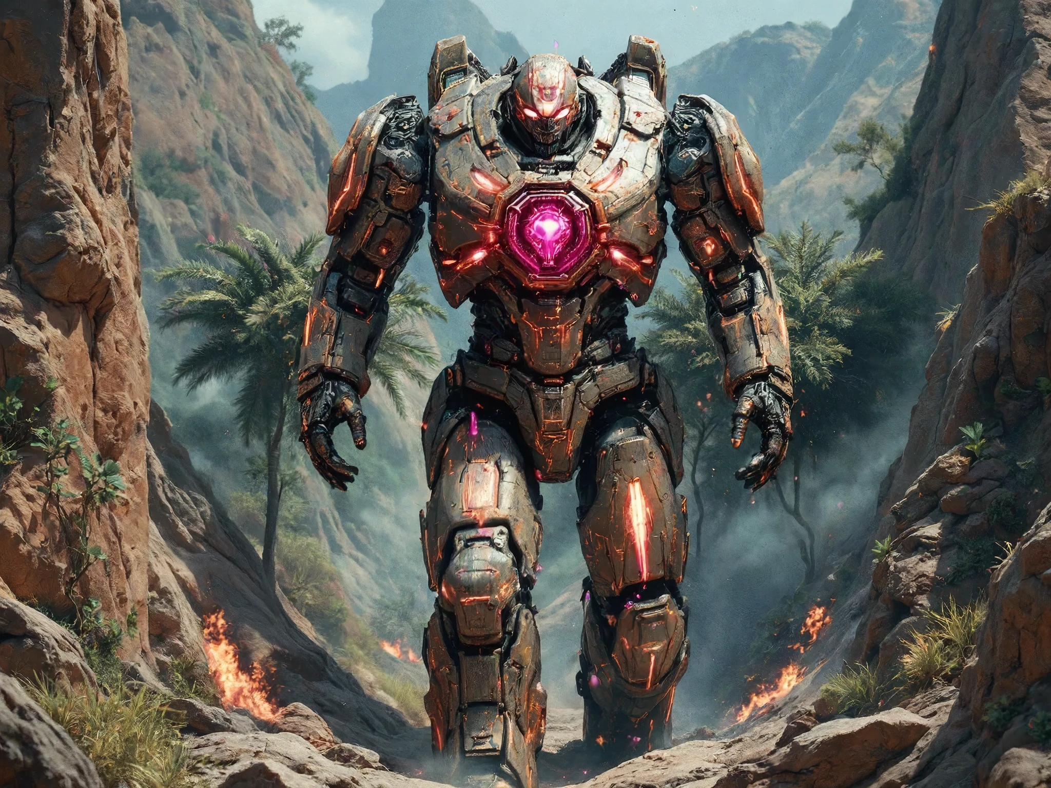 a mecha warrior modified Burmese toddy Palmn ထန်းလုံးများပတ်သောလက်၊ ဦးခေါင်းပိုင်ကိုလည်းထိုနည်းအတိုင်းပြုထုတ်ထားသည်၊ရင်ညွှန့်တည့်တည့်တွင် ဗမာပတ္တာမြား ငမောက် ကြက်သွေးနီရင့်ရင့်တောက်တောက်ပြောင်ပြောင်သည်လည်း၊ပေါင်းစုလျှပ်စင်ရောင်စင်များထွက်နေသည် ၊အားမာန်အပြည့်တက်ကြွစွာလျှောက်လာသောစက်ရုပ် ၊walking over a battlefield