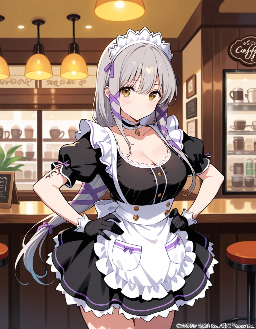 1girl, cowboy shot, beautiful noelle_silva, long hair, alternate hair, hair clip, bangs, earring, jewelry, silver hair, purple eyes, maid_dress, maid dress, stocking, naid hairband, white hairband, cleavage, water, medium breast ,smile, room, indoors, cafe, food, table, chair, drink, front light, volumetric lighting, best quality, masterpiece, intricate details, tonemapping, sharp focus, hyper detailed, blush, sexy pose, sitting,