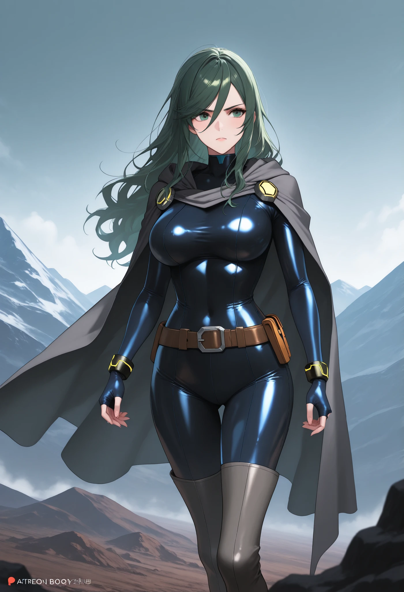score_9 , score_8_up , score_7_up, solo, 1girl, samus aran, samusSDXL, wavy hair, long hair, dark green hair, green eyes, black latex bodysuit fingerless, brown belt, dark grey boots, dark grey thigh boots, dark grey traveler cape, dominant, coboy shot, dutch angle, outdoor, on a mountain