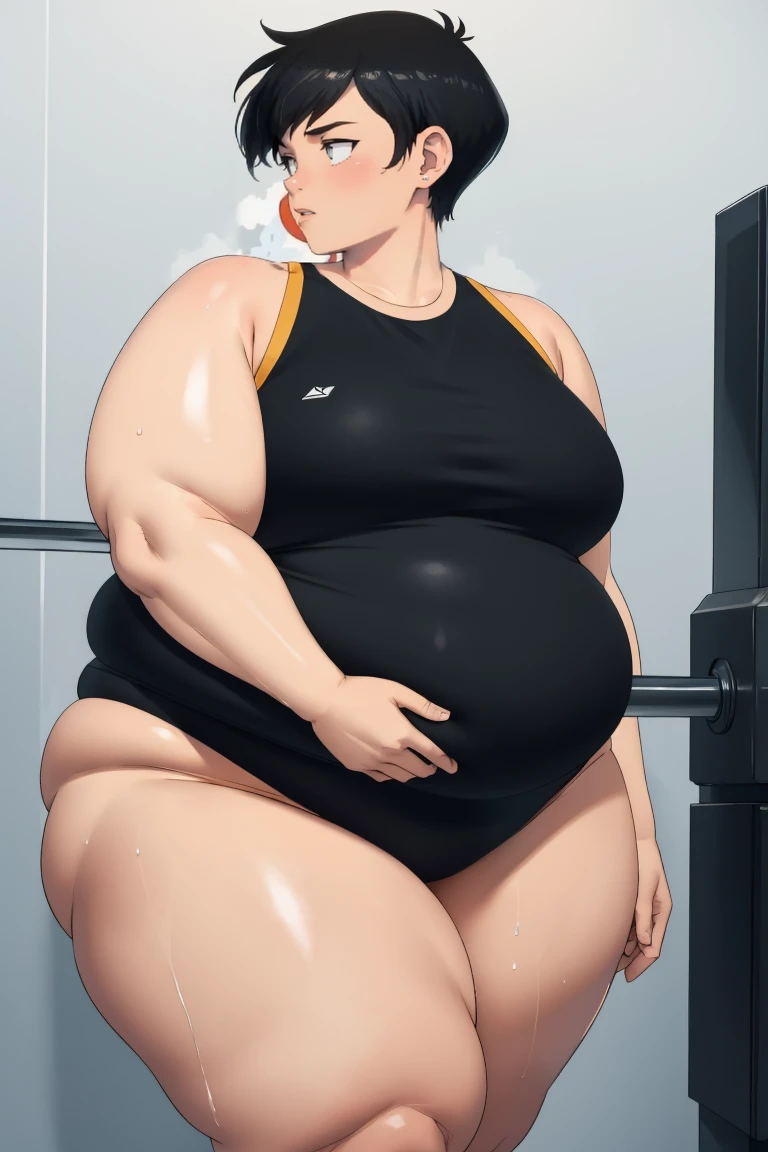 (Full body, glasses, detailed), An image of a pregnant girl wearing gym clothes with her belly on full display. She is a very voluptuous lady, she has a smug face and she is barefoot. (She is very sweaty and steamy)