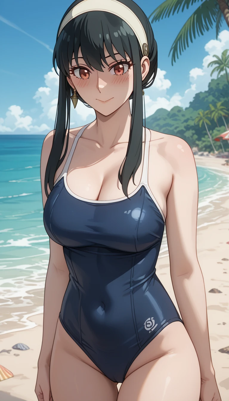 highest quality,masterpiece,ultra high resolution,(actual:1.4), 8K, gine, 1girl, solo, mouth closed, black hair, black eyes, bare shoulders, medium breast, collarbone, cowboy shot, short hair, spiked hair, a green one piece swimsuit, ocean, beach, a large big waves splashing around her,black dress, long legs,bright and beautiful, gold earrings, seductive smile