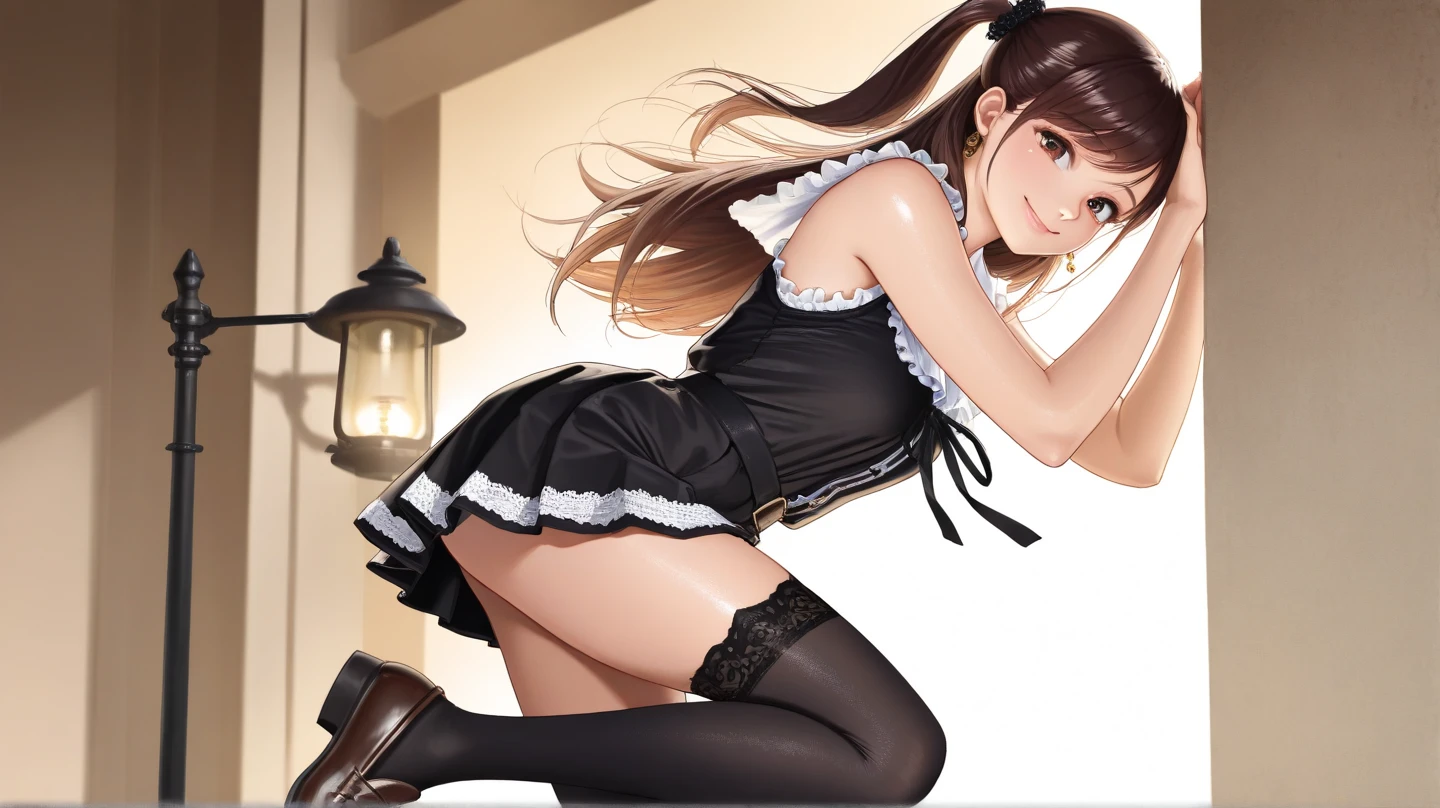 A beautiful girl in a black dress leaning forward on a wooden platform, she is lifting something, turns to look back, looks back at the viewer, anime girl, rose garden, beautiful and sunny day, black lolita dress with lots of ruffles, floral print dress, short sleeve, lolita choker, low-cut chest, big round breasts, white lace thigh-high stockings, white lace panties, (shows her panties: 1.4), thin lingerie, black lolita shoes, dark brown hair, gradient bangs, french braid, long hair, ponytail, wavy hair, swept bangs, shiny hair, hairclip, hair ribbon, hair flower, jewelry, lolita hairband, aqua eyes, glowing eyes, pupils sparkling, earrings, light smile, blush, happy, red lips, slim waist, shapely legs, beautiful thighs, cute round buttocks, exposed ass, princess dress, short skirt, skirt lift, upskirt, high detail, anime, dithering, image fill, from behind, from below, perspective, Wide-Angle, f/1.8, 85mm, Sony FE GM, 8k, 8k wallpaper, super detail, highly detailed CG, UHD, retina, masterpiece, accurate, anatomically correct, textured skin, highres, best quality:1.3, 16k
