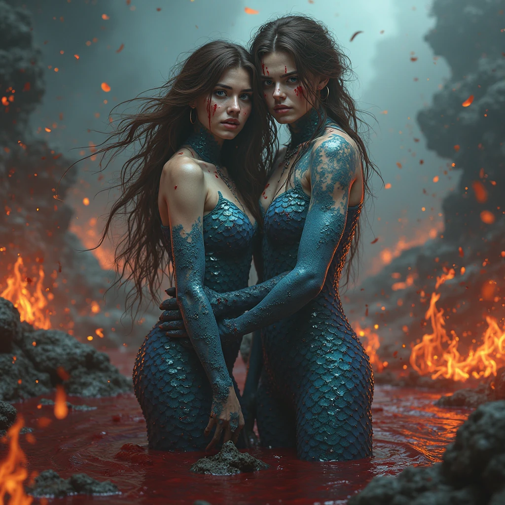 White woman. Mermaid. Black tail. Red and black intricate tattoos on body and face. Black and red crown. Ultra high quality.
White woman. Mermaid. White tail. White and red intricate tattoos on body and face. White and red crown.ultra high quality.
The two women are standing beside each other, sword in hand, they both stare at an invisible enemy in the distance. They both assume the fighting position.