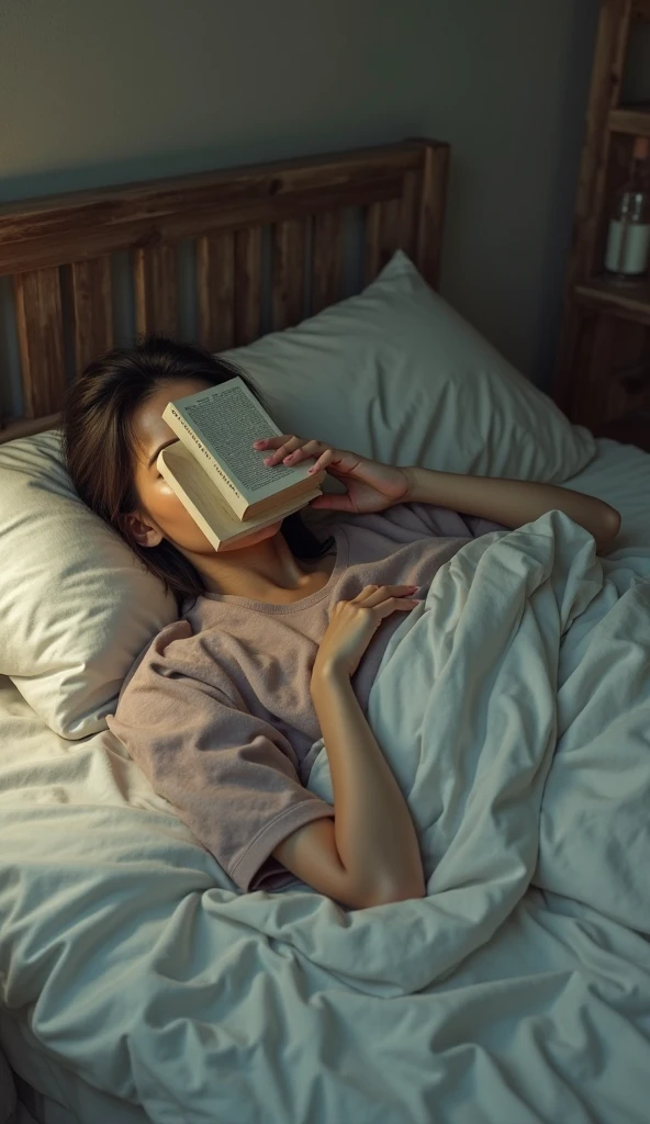 A thin man lies on his back with a book covering his face. O cabelo dele é grande e platinado até o quadril, o cabelo deve estar espalhado sobre a cama down to his hips. The lighting is dim and the color scheme is muted, with a focus on blues and grays. The image is peaceful and serene, with a sense of calm and relaxation.