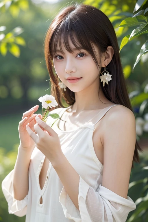 ((masterpiece: 1.3),8k, Realistic, RAW Photos, Highest quality: 1.4),whole body、 (One Girl), beautiful顔, (Realistic Face), (Brown long hair: 1.3), bangs, Perfect dynamic composition,(High quality with attention to detail, Realistic depiction of eyes:1.3)、(((white,Short sleeve dress、Pink Flower:1.4)))、 profile、21talent、beauty、Well-formed face、Make the eyes even、Banditium Build、Balanced ratio、beautiful足、Fresh face、beautiful景色、beautifulヘアスタイル, (bangs), (smile), smile, Realistic eyes, Gloss, highlight, highlight in the Eyes, eyelash, 目の中のbeautifulディテール, (Realistic Skin), Shooting from the air、beautiful肌, Transparency、(beautiful)、 smile, teeth, Confused, charm, 超High resolution, Ultra-realistic, High resolution, Golden Ratio, clear eyes, Wet, Looking into the camera, ear, Shine, Long neck, double eyelid, Thin eyebrows、Big eyes, cheek, kind character, charm personality, kind, 圧倒的なcharm, bright personality