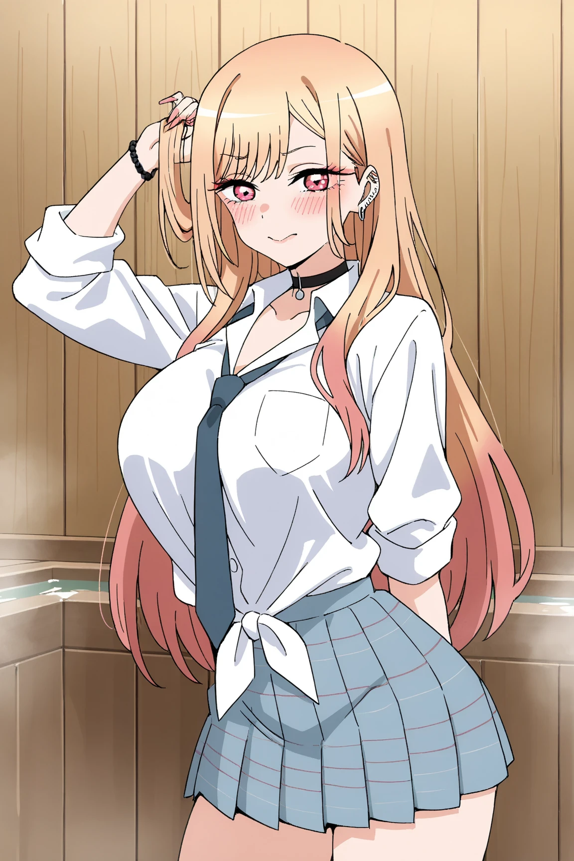 "Kitagawa Marin, a cheerful schoolgirl with long blonde hair, wearing a slim skirt and a school uniform, showing her long hair cascading over her shoulders, a hint of cleavage, and a playful smile, radiating happiness."