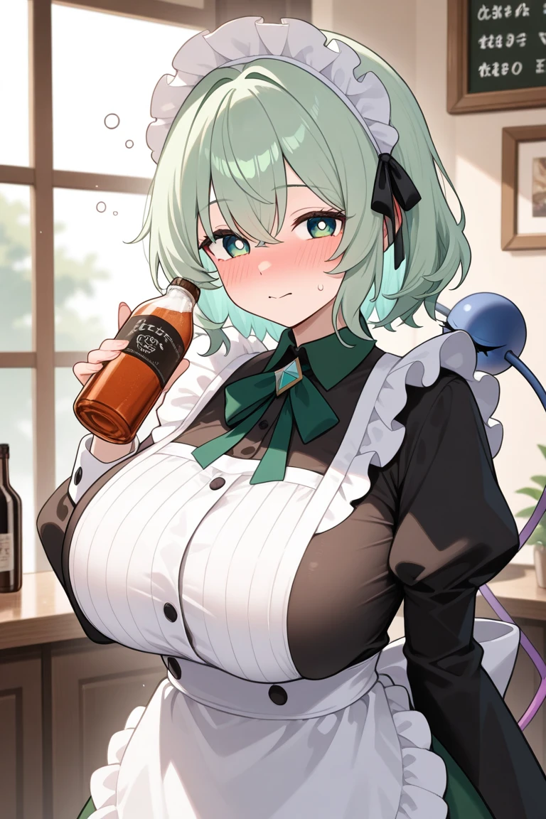 ((1 girl)), perfect face, young woman, realistic photo, beautiful face, perfect face, masterpiece, in front of a bar, ((barrista)), bea pokenon, (by white), (((full body shot))), ((green nude apron)), toned body, giant breasts, deep neckline, ((lactating milk)), ((Extremely long legs)), short hair, sale, kneeling on the ground, head against the ceiling, ((gigantic:1.3)), hands on the ceiling, grow taller, lean forward judy hopp, perfect defined nipple