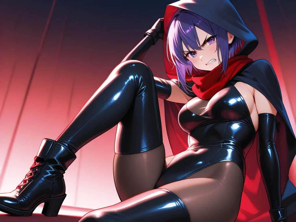 Masterpiece, best quality, absurdres, ((1girl)), , menat_holiday, light smile, dark skin, Green eyes, egyptian, bob cut, red dress, (black hood), black gloves,(shiny thighs),, , bare shoulders,sexy thighs,(((beautiful leg))),((solo)),panty shot,evil smile,,,in bedroom,upskirt,camel toe.one leg up,,stretching,parted lips,lip,
