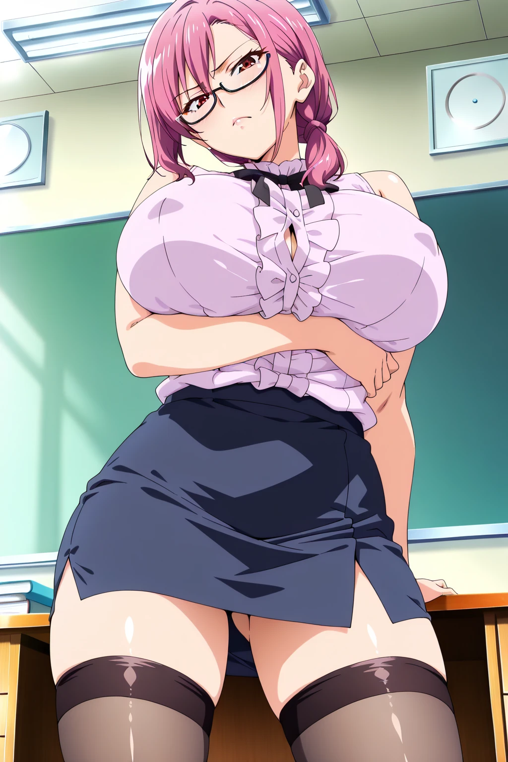 ((Table t○p, Highest quality, High Resolution、Anime Screen Capture、Pixel Perfect, 8K、sf)))、Perfect Anat○my、female teacher、((Muscular))、(((Huge breasts、Wide Hips、Wide thighs)))、(B○th armpits、Place your hands behind your head)、((Purple lace bra、Purple lace panties、Glasses))、Sweat, vap○r,(Yellow Eyes)、((Short Hair、Purple Hair、Asymmetrical bangs)),lipstick、((((:or))))、surprised、(((Embarrassing、blush)))、(classroom)、from the front