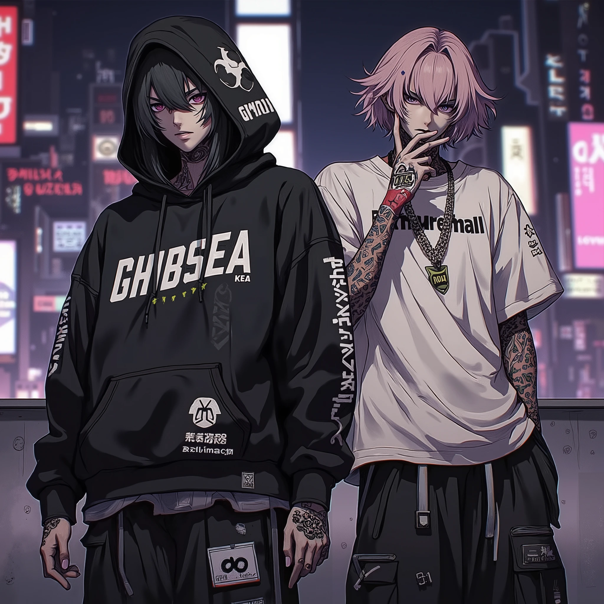 Two anime male characters in a lo-fi urban setting. One character is wearing a black hoodie with the word "GHIBSEA" printed on it, looking cool and intimidating. The other is wearing a simple white t-shirt with "Marshall" written on the front. Both are posing like street thugs or gang members—confident, relaxed, slightly aggressive stance. Background is a dimly lit alley or city rooftop with neon lights, soft grainy lo-fi filter, slightly desaturated tones. The overall style should be detailed anime with a chill, edgy atmosphere. Suitable for Spotify profile picture.