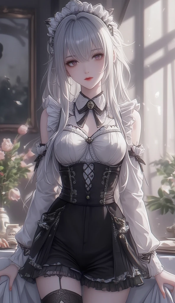 Nardack,RAW, (intricate detailed), 1girl, solo, pale skin, expressionless, (Black Corset Strap cotton Dress:1.1), white Long-Sleeve Layered Collar Plain Shirt + Neck Tie +Suspender A-Line Skirt, black pantyhose, hghheels, The strap is slimming the waist, (dark fantasy:1.2), (last boss:1.25), white horror theme, grandeur, ((marvelous illustration)), (detailed splash),انمي رجل على كرسي خلفه تنين