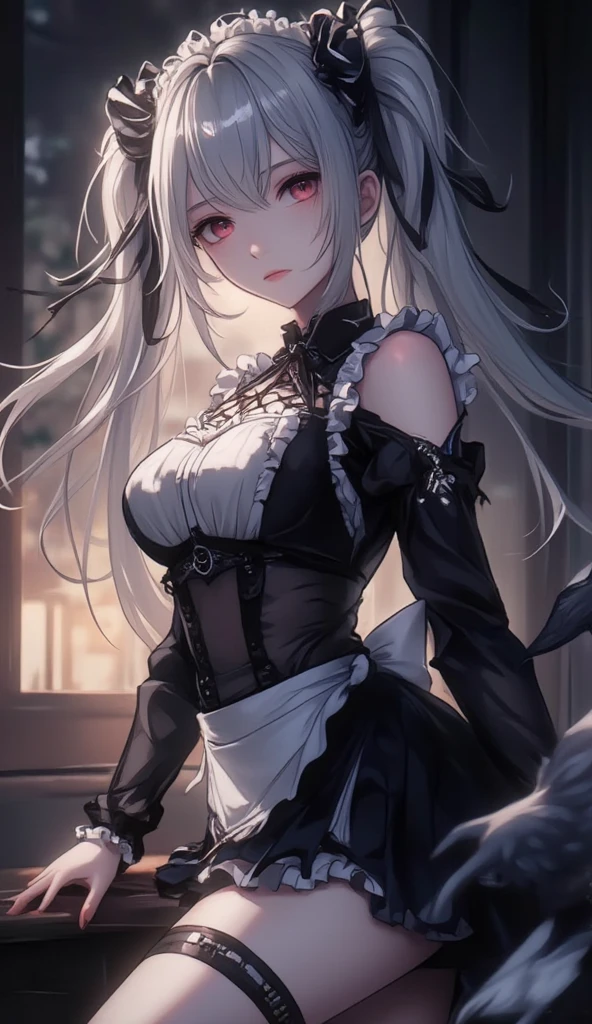 black and white hair, yellow eyes, cat ears, wet maid outfit, visible underwear, angry expression, Ultra detailed, big breasts, humidity, rain, hand focus