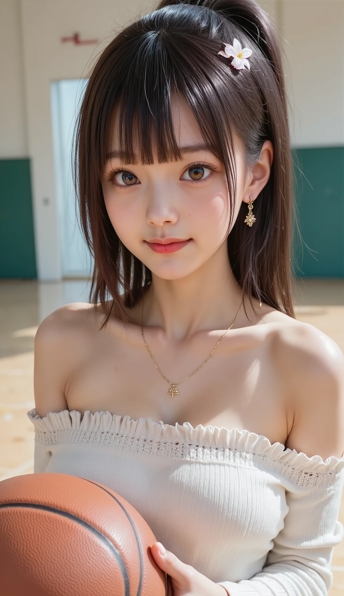 Great quality, masterpiece, High Resolutiupon, One girl, blush, (Captivating smile: 0.8), hair accessory, necklace, jewelry, beauty, upon_body, Tyndall effect, Realistic, Shadow Room, Light Edge, Two-tupone Lighting, (Skin with attention to detail: 1.2), 8k UHD, SLR, Soft Light, high quality, Volumetric lighting, snapshot, High Resolutiupon, 4K, 8k, Background Blur, Real Persupon