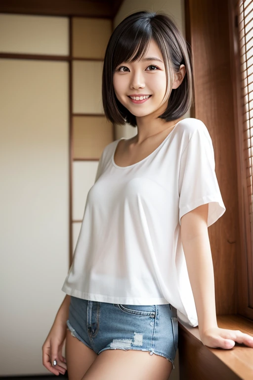 One girl,summer,Inside the room,Bed,Standing,Black Hair,Short Bob,Put your hair on your ears,Navy blue tank top,skirt,laugh,6th grade elementary school,Healthy Beauty,Pure school,front,Small bulging lines on the chest,Look here,transparent, Soft Light,(masterpiece, Highest quality), Structure of the film, Like a movie