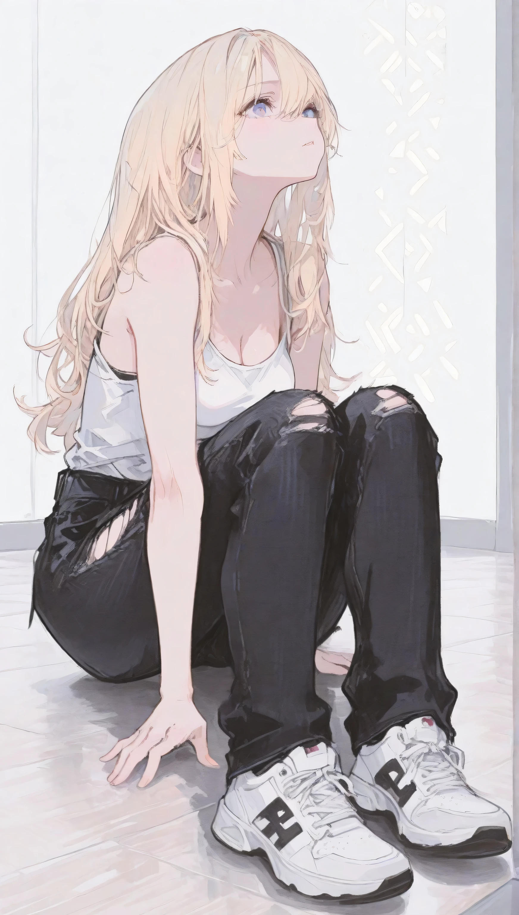score_9, score_8_top, score_7_top, one young girl, 18 years old, full body, alone, sit at the floor, gaze at something, long hair, blonde hair with light pattern, smooth hair, blue eyes, beautiful eyes, white tank top, open white shirt, long black ripped jeans, [beautiful breasts], clear background