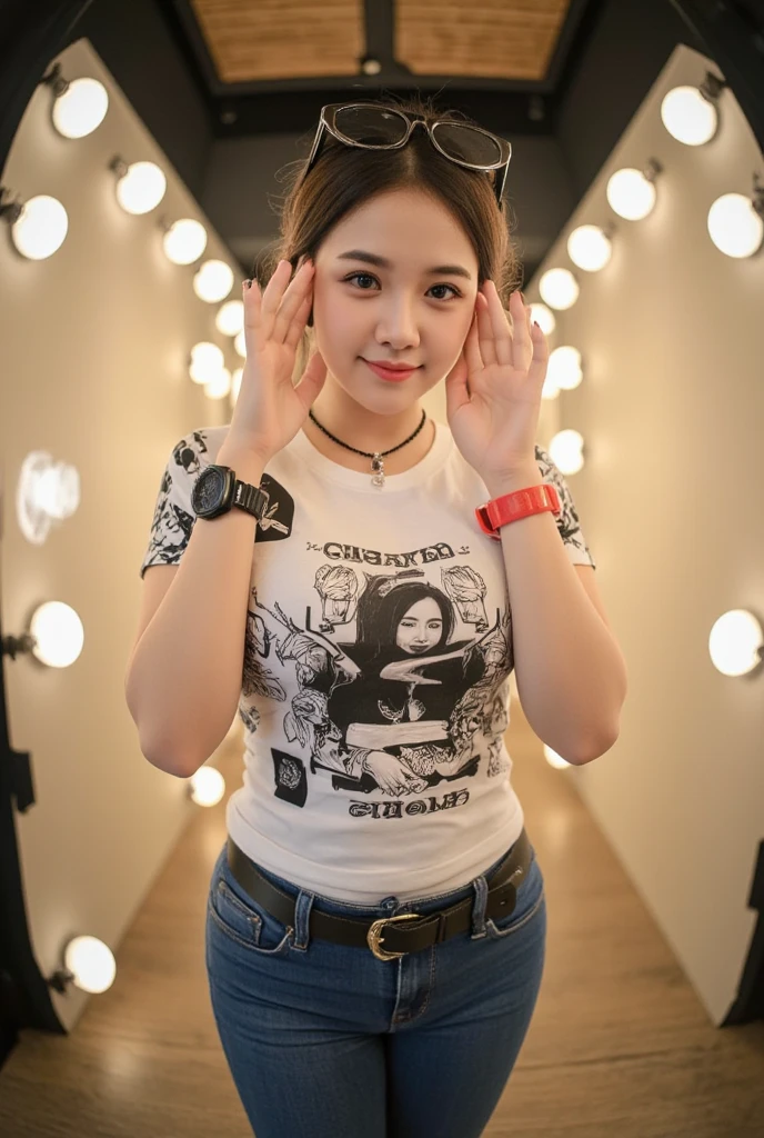 (masterpiece:1.2),1girl,moyou,A charismatic streamer engaging her audience,wearing a casual graphic tee ,her gaming setup glowing in the background, chinese,medium breast,cleavage,brown hair,smile,