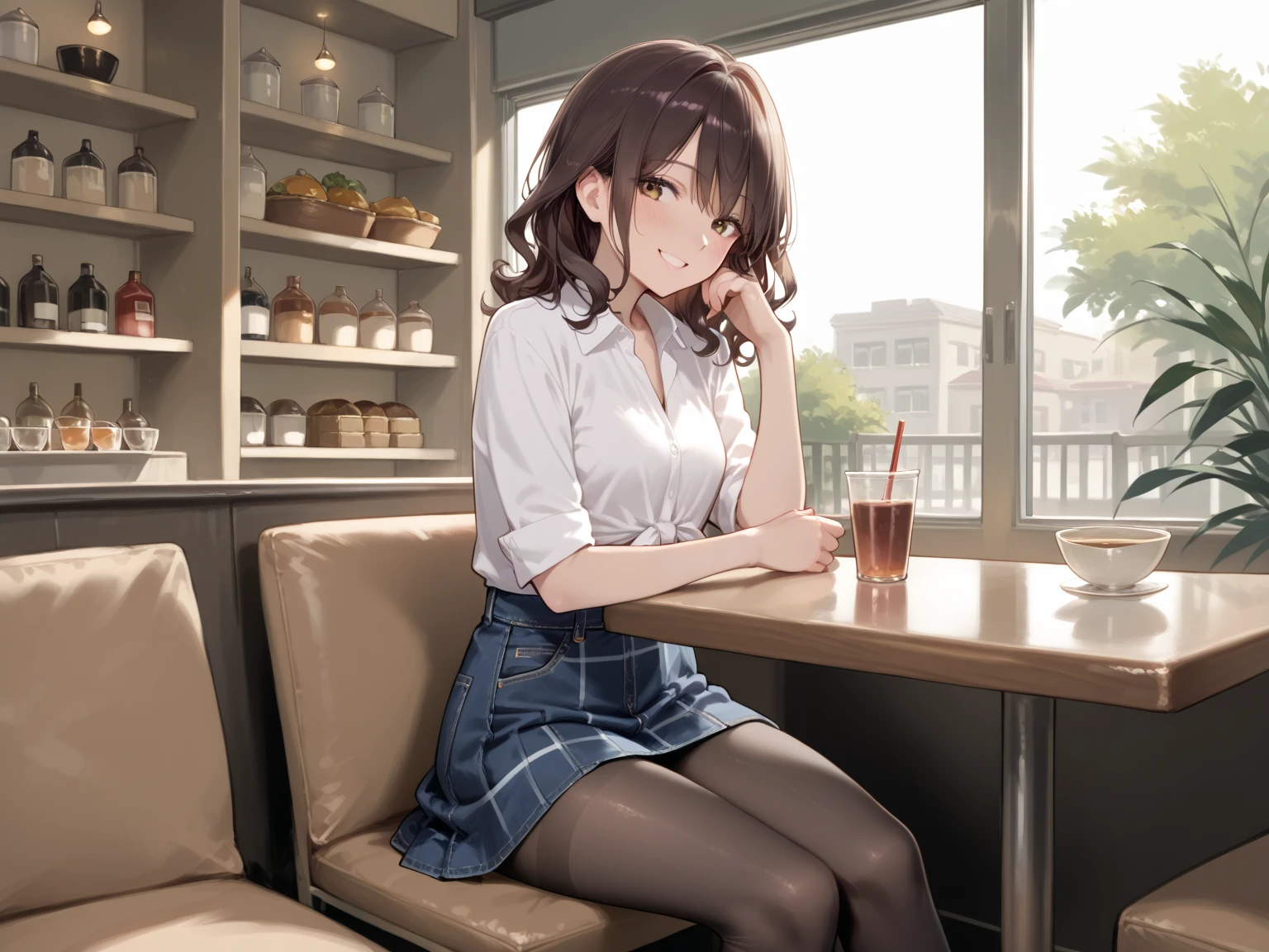 nobara kugisaki,teacher uniform,cafe, sitting on chair, glass table,drinking coffee,sexy, crossed legs,white heels, large breasts ,ftont look, mocking smile,seductive face,red nails
