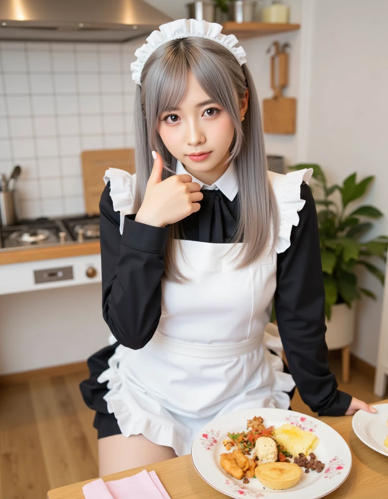 Girl works, cafeteria, big breasts, blue eyes, white hair, sweet smile, apron, coffee, two hands and five fingers, quality, adult, female, two eyes, candy