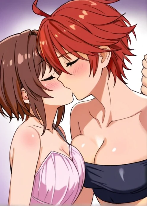 Maki nishikino,love live,highres,red hair , purple eyes,blush ,breasts , yellow criss-cross halter ,hair between eyes ,half-closed eyes ,head back,looking at viewer , leather pants, nipples out,standing,old bar door in background, bricks , night, dim light,moaning ,navel slip, crotch ,1man hug from behind, breasts grab , blushing ,nipples tweak, sweating