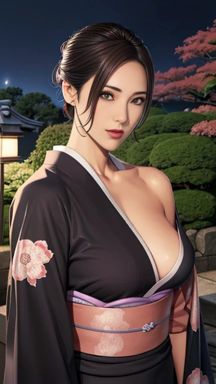 (Browsing Caution), (RAW Photos), (Realistic), (Photorealistic), Ultra-high resolution, masterpiece, Highest quality, Portraiture, facial Portraiture, Perfect lighting, Detailed lighting, Dramatic Shadows, Ray Tracing, Pure Eros Face_v1, Urzan-6500-v1.1, ((smile)), ((upper body:1.2)), ((random sexy pose)), looking at viewer, ((wearing a kimono)), ((off shoulders kimono:1.8)), ((in old Japanese street)), ((night)), ((full moon)), ((background with Cherry blossoms:1.2)), ((Japanese tattoo)),