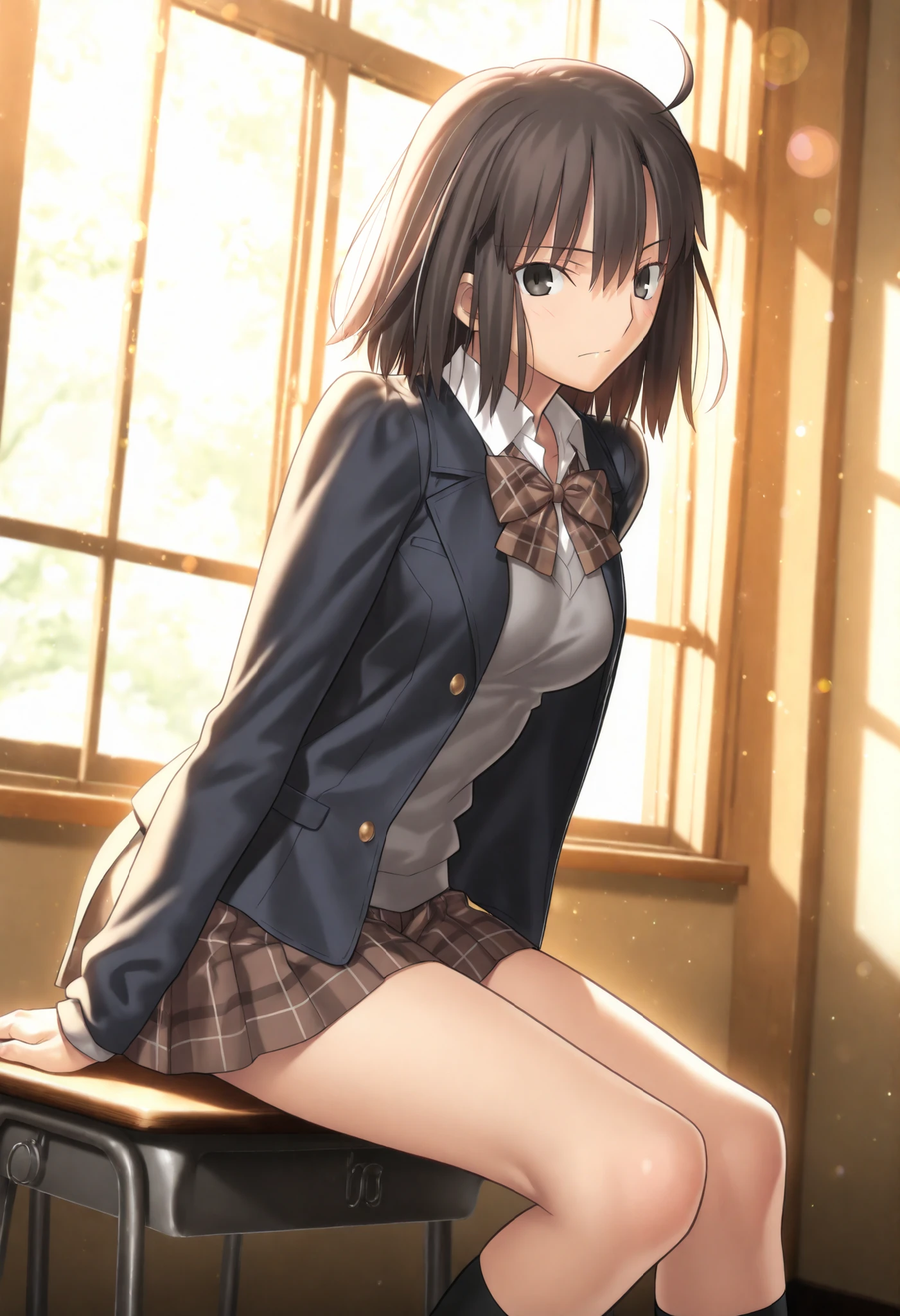 (Highest quality, High resolution,  Masterpiece, 4K), (Soft light、Luster of hair、Beautiful eyes)、young woman、The whole body is visible、Adorable smile、 ((Wavy medium short hair, bangs, Chestnut Hair)), ((Wistful eyes、Gray Eyes, Perfect Eyes)), ((Detailed face, blush:1.1)), ((Smooth texture:0.75, Realistic texture:0.65, Realistic:1.1, Anime CG Style)),Medium chest、Dynamic Angle、A body with just the right amount of flesh、(Sexy thighs、I see beautiful legs)、(Purple cardigan、Checkered Skirt)、Earrings、Angle from the front、Peeking into this、The hem of the top is visible、Angle from below、Meeting up for a date、In a luxurious hotel room