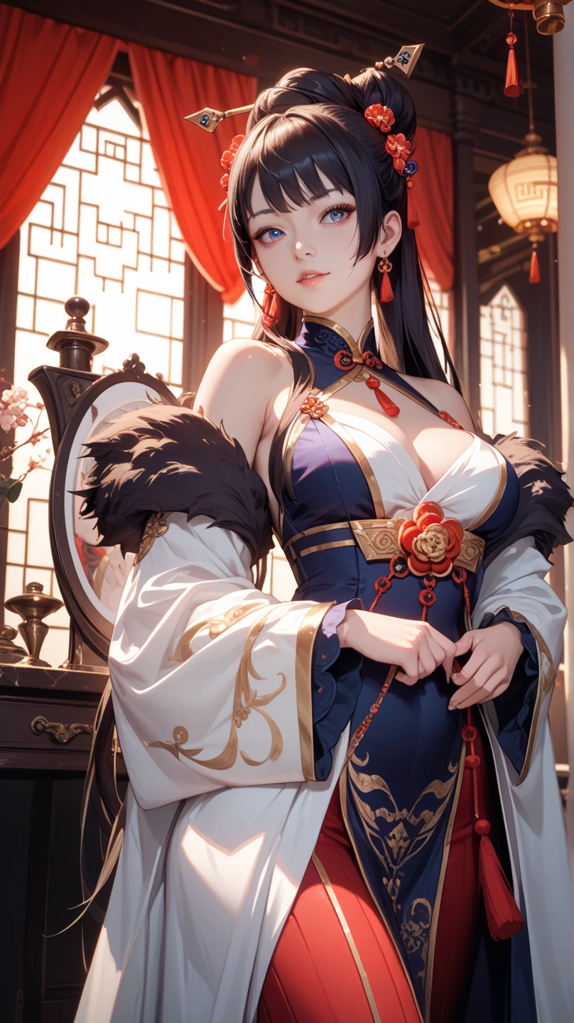 masterpiece, best quality, married woman, aldult, Chinese style, China, elder sister, Smile, brown hair, princess cut, Single fritter braid,white pantyhose,Full of motherhood,传统China服装,pure,blush,Dignified yet lively,Mother,Put your hand on your belly,thin lips