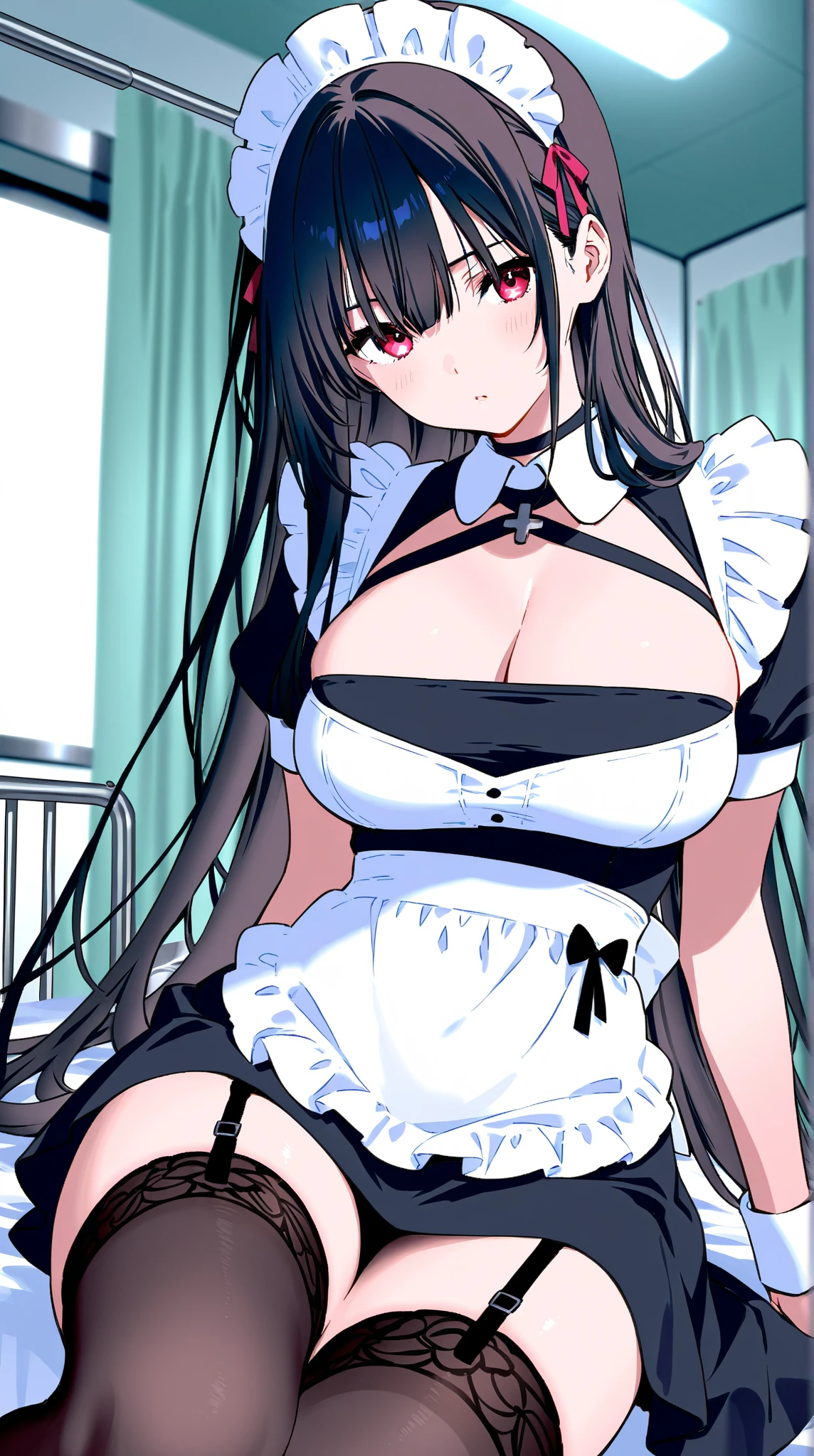high quality, masterpiece, Super detailed, Bottom View，1 girl, Extremely detailed facial details, Miosis，fear，Fox ears，Black long hair, Attractive pink eyes，White pajamas，Large Breasts，Maid headdress，Handcuffs，Collar，bedroom