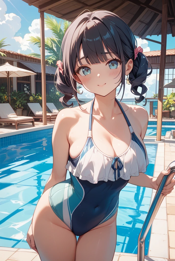 (Incredibly ridiculous absolute resolution:1.5)、hiquality、top-quality、masuter piece、Anime girl in light blue and white bikini, 魅惑的、Anime , 8k Manga Wallpapers, Smile、Shy laughter、((small curvy loli pretty anime girl,((swimming pools))、(Medium Shorthair)、(short braided hair)