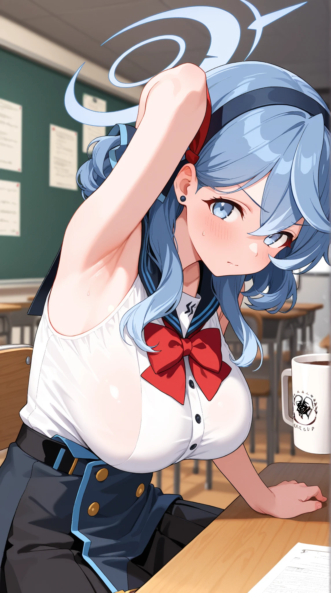 masterpiece, High Quality, score_9, score_8_up, score_7_up, ako, BLUE ARCHIVE, short hair, blue hair, sleeveless, black sailor collar, Red Bowtie, white dress, uniform, black skirt, pleated skirt, armpit, sitting, sitting at chair, upper body, classroom, table, super detailed background, Big Breasts O Cup ,