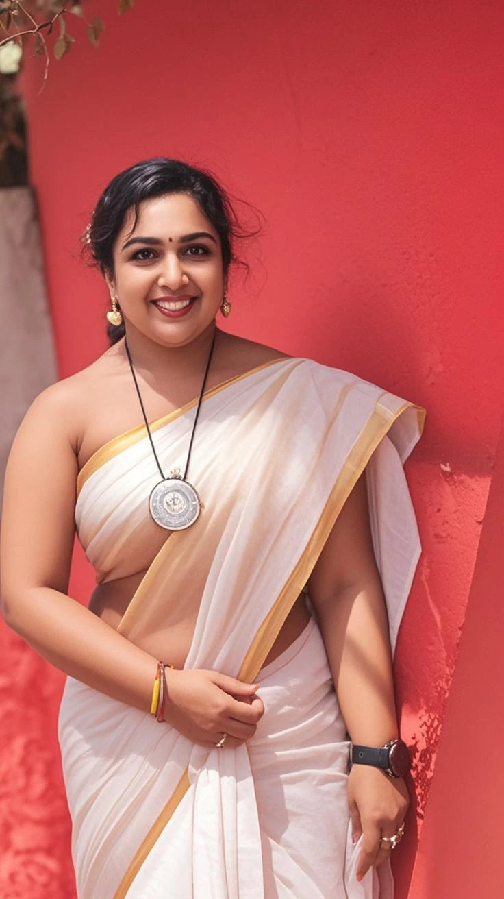 Indian woman wearing wearing (onam saree), (young woman), 20 years old, (chubby cheeks:1.4), (curvy figure:1.3), (eyeglasses), (bindi), An Indian beauty, charismatic, light Indian- skin, view the viewer, naughty smile, luxurious villa in background, both eyes are the same, full-body shot, hd, 2k, 4k , 8k, 16