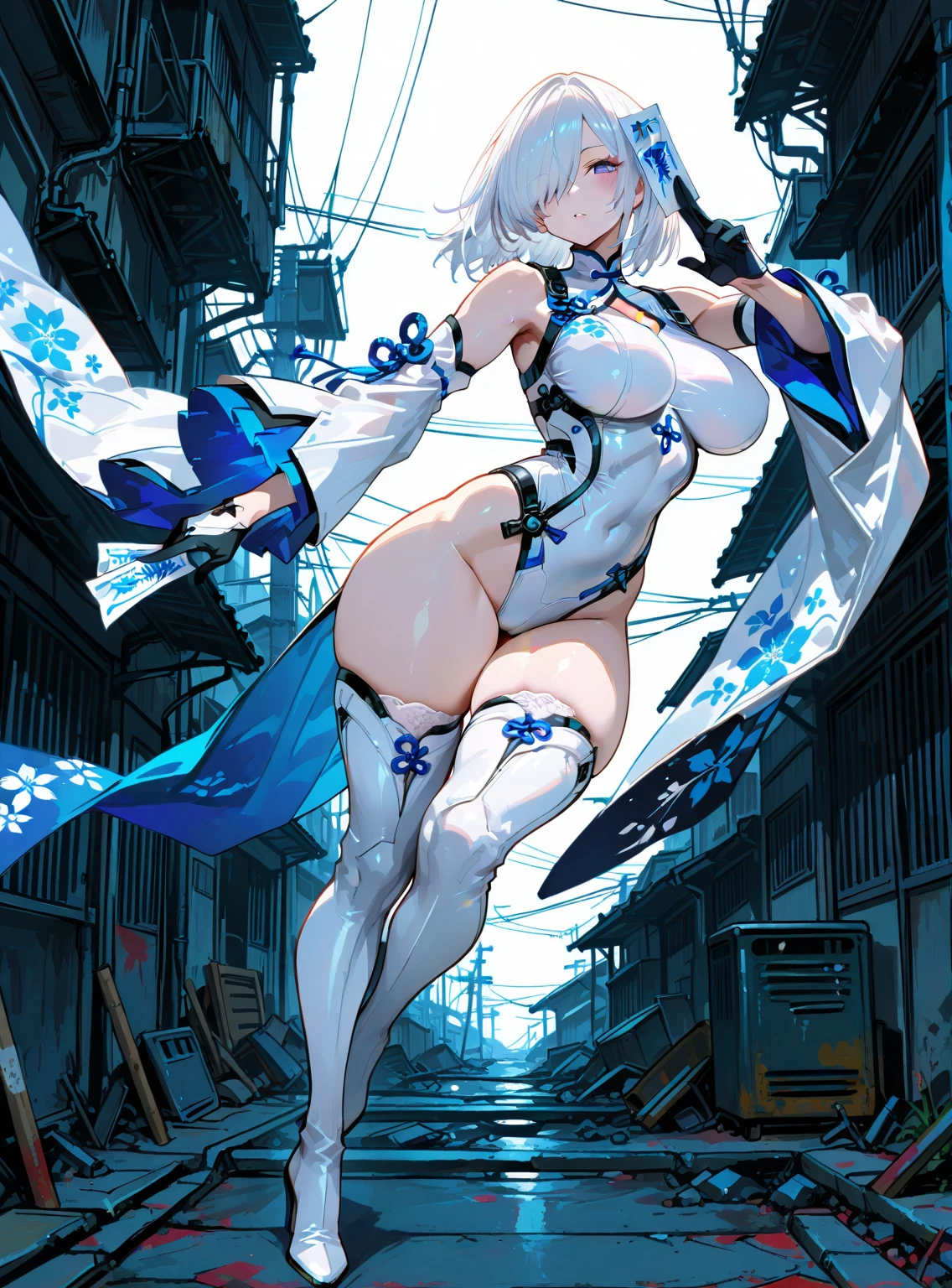 ultra-detailed, Explicit, Beautiful body, Beautiful Nose, Beautiful character design, perfect eyes, perfect face, ultra highres, 4K, beautiful legs, perfect legs, Nice hands, Perfect hand, Masterpiece, Best Quality, Highly detailed, illustration, absurdres, street fighter, doll suit, shadaloo doll, dollsuit, girls, multiple girls, expressionless, blank eyes, looking at viewer, red gloves, emotionless, black latex, corrution, mind control, female combatant, full body, hypnotized, unhappy trance, full body suit, ribbed bodysuit, both arms at side, obey, perfect female body, extremely glossy latex, hypnosis, hypnoLora, empty eyes, Mind control device, poses, submissive_pose, Slave, hat, necktie, stand up straight, standing, standing at attention, hat, necktie, belt, latex, ribbed bodysuit, thighhighs, garter belt, Fighting Stance, extending the right arm from the shoulder into the air with a straightened hand, nazi saluting, military, military saluting, salute, thigh boots, Perfect anatomy, perfect hand, perfect finger, Yu-Gi-Oh!, Silver Ji, white hair, braid, medium hair, blue eyes , horn