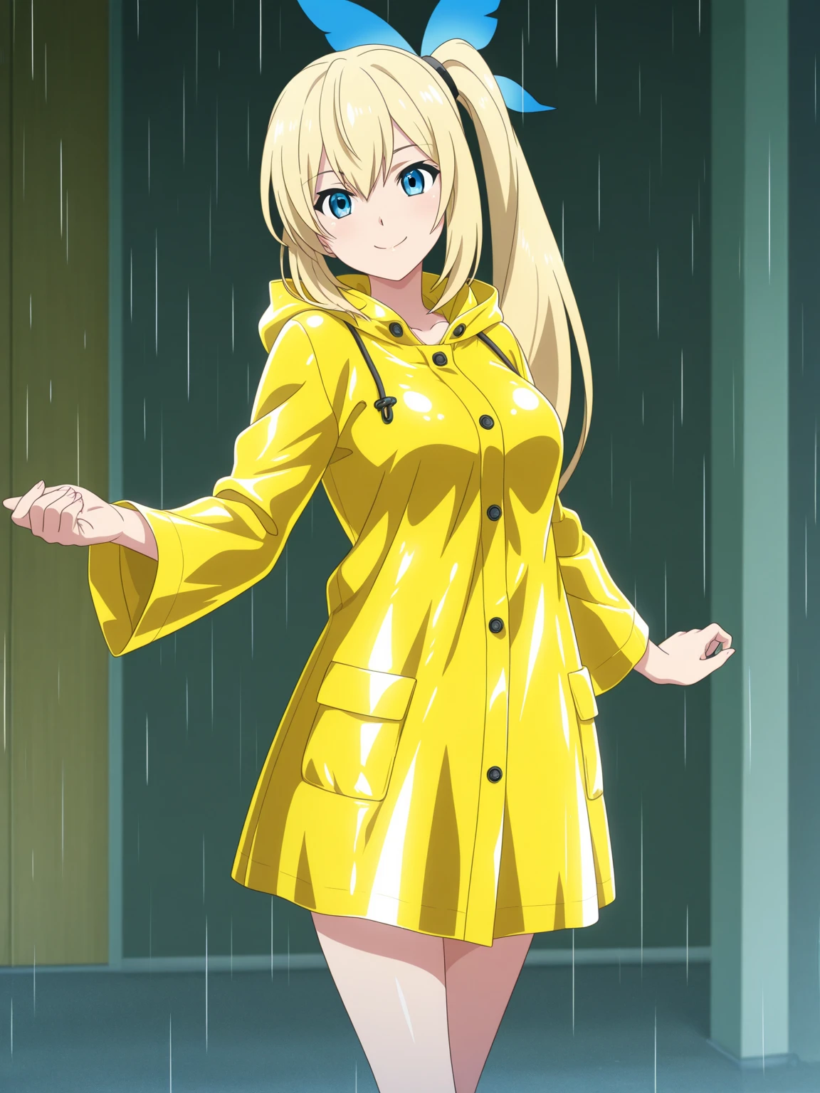 Girl in yellow raincoat, optimize hair details, optimize facial expressions, optimize palm movements, smooth skin, highlight the texture of raincoat gel coat, highlight the translucent texture of raincoat, no underwear, no underwear under raincoat, no underwear at the neck