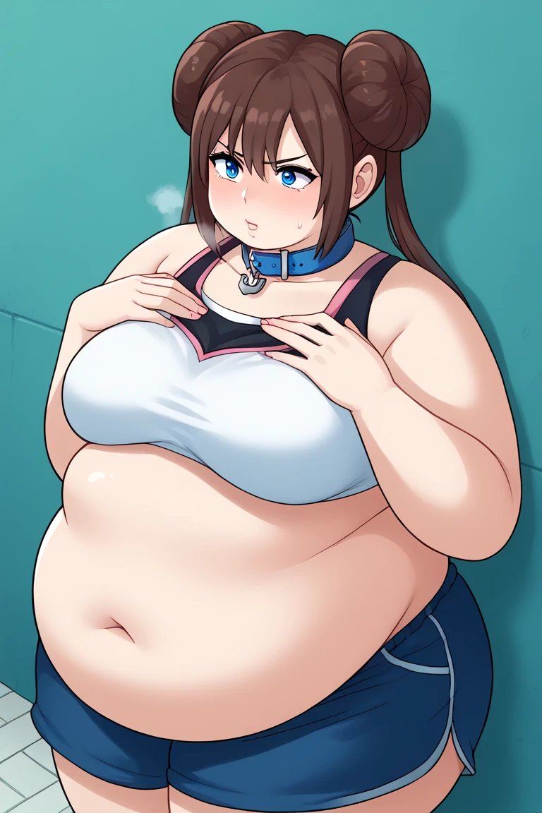 {{Cute face}},One girl,Huge Breasts, Have, White Background, Both sides up, School Swimsuit ,{{{Plump, thick thighs}}},Knee-high socks,{{Are standing]],{{whole body}},Happy,Huge Ass,Brown hair ponytail,Green Eyes