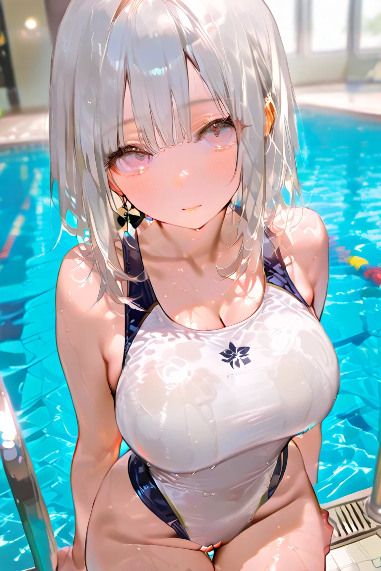 (Unity 16K Wallpaper, Masterpiece, Best Quality, Ultra-Detailed, Extremely Detailed CG, Caustics, Cinematic Lighting, Detailed, Beautiful Detailed Eyes, solo), Ultra High Resolution, fine skin、sexy,curby,gigantic breasts、smile,cowboy shot,white tiny micro bikini、12 years old、sweaty、show the neck、night swimming pool,short hair