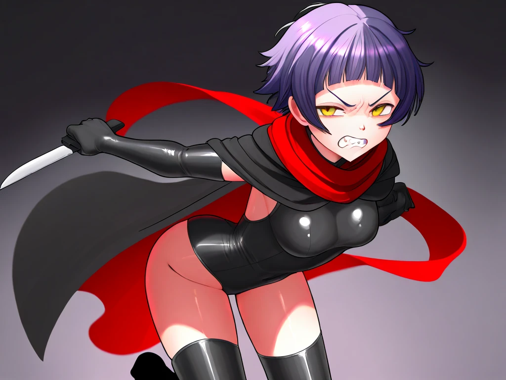 ultra-detailed, Explicit, Beautiful body, Beautiful Nose, Beautiful character design, perfect eyes, perfect face, ultra highres, 4K, beautiful legs, perfect legs, Nice hands, Perfect hand, Masterpiece, Best Quality, Highly detailed, illustration, absurdres, perfect anatomy, street fighter, doll suit, shadaloo doll, dollsuit, expressionless, blank eyes, looking at viewer, red gloves, emotionless, black latex, corruption, mind control, female combatant, full body, hypnotized, unhappy trance, full body suit, ribbed bodysuit, both arms at side, obey, perfect female body, extremely glossy latex, hypnosis, hypnoLora, empty eyes, Mind control device, poses, submissive_pose, Slave, standing straight, standing, standing at attention, hat, necktie, belt, latex, ribbed bodysuit, thigh Highs, garter belt, Fighting Stance, extending the right arm from the shoulder into the air with a straightened hand, military, thigh boots, black pantyhose, collar, (((pixel-perfect, detail-perfect))), solo, 1girl, hair ornaments, RIPPERNORMAL, PURPLE HAIR,SHORT HAIR,MULTICOLORED HAIR, ,RED EYES,HEAD-MOUNTED DISPLAY, (TINTED EYEWEAR:1.2), apocalyptic background, multiple girls, battle, crowd, blood splatter, fleeing, grabbing, running, foreshortening, attack, fighting, holding weapon, (((Crouching, aimimg)))